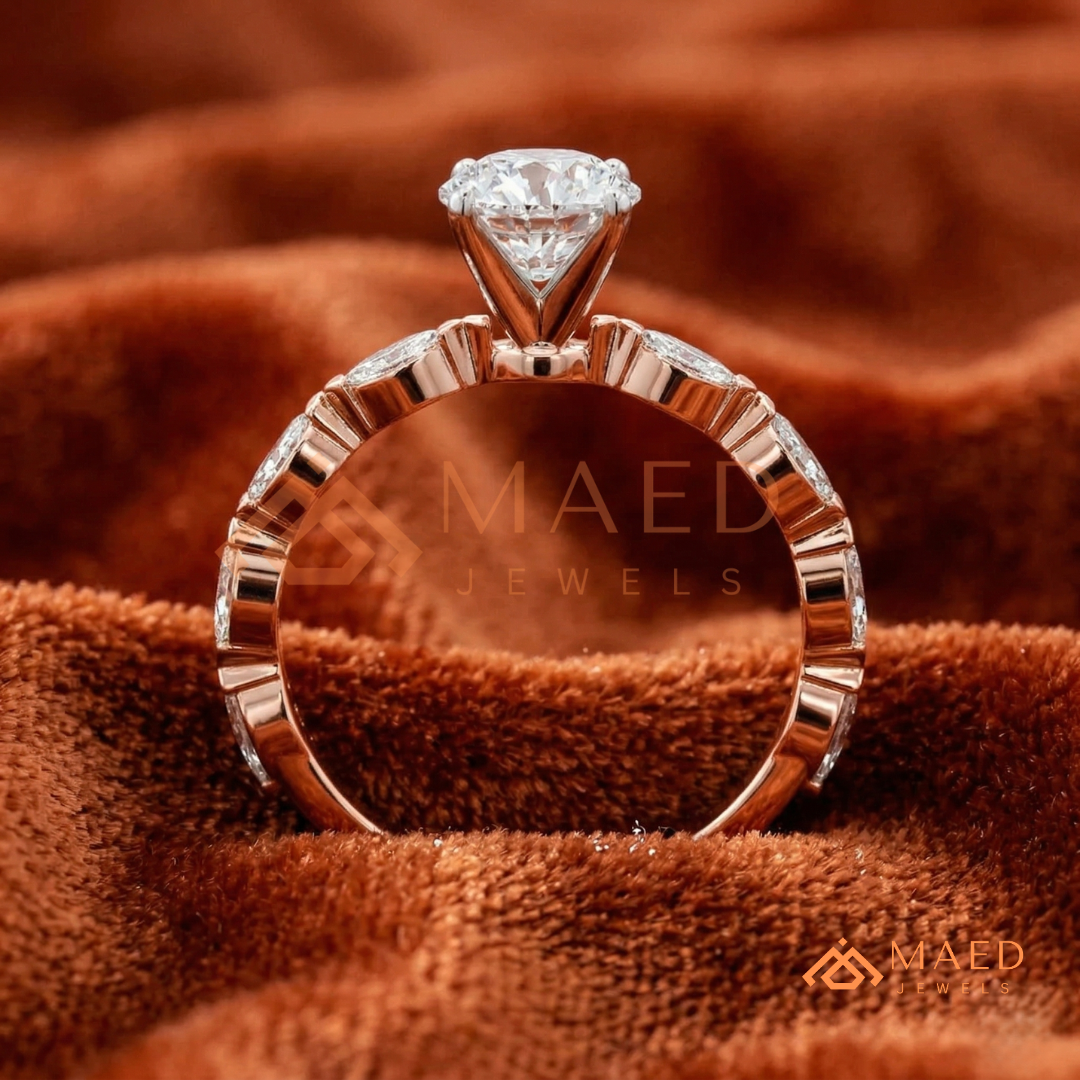 Round Cut Engagement Ring with Marquise Accent Cluster Band in 14K Gold, Rose Gold & Silver