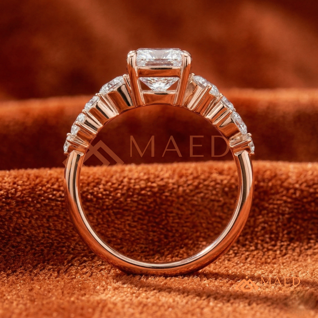 Cushion Cut Engagement Ring with Pear Accent Band in Silver, 14K Gold, & 14K Rose Gold