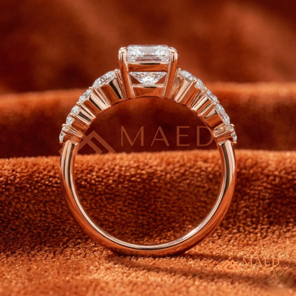 Cushion Cut Engagement Ring with Pear Accent Band in Silver, 14K Gold, & 14K Rose Gold