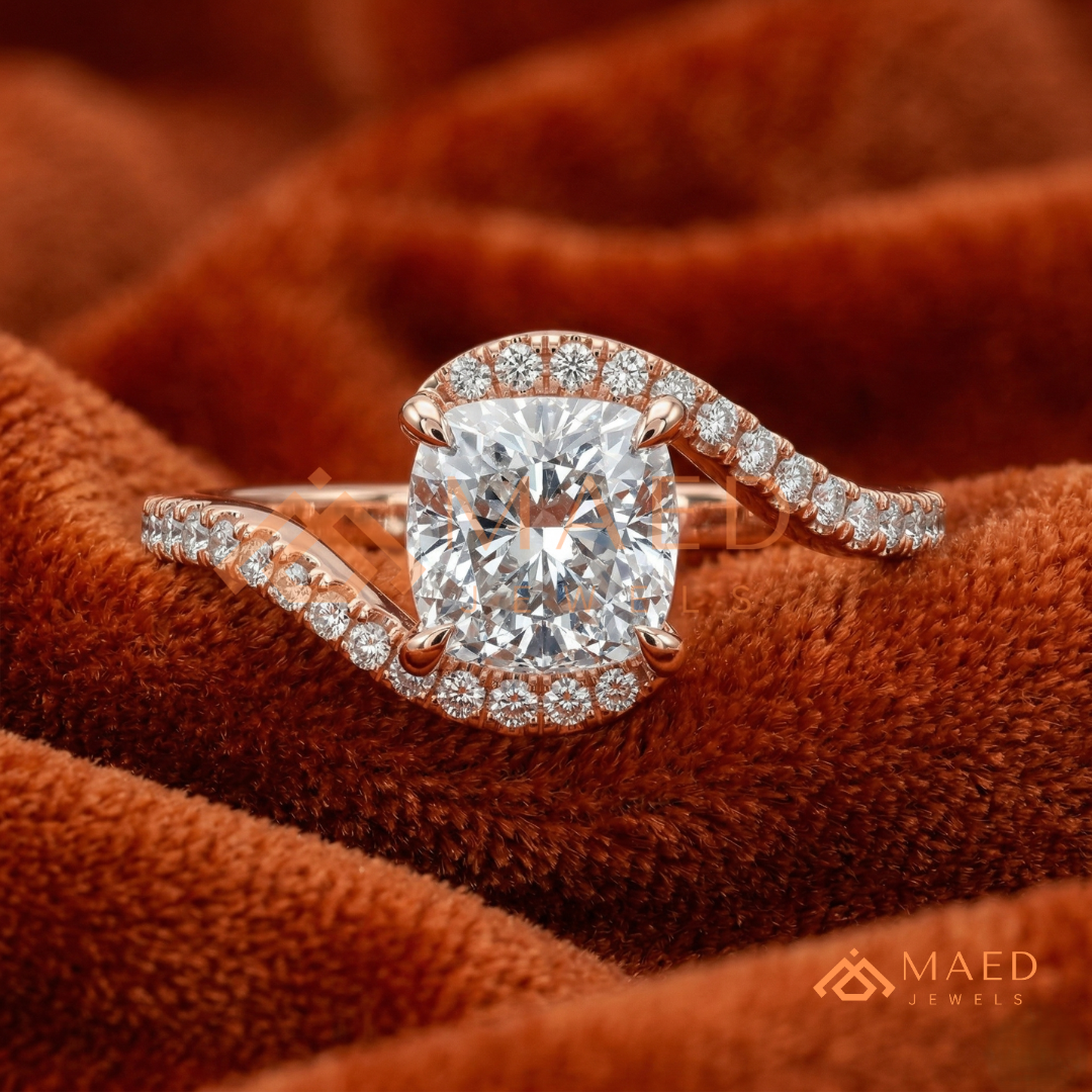Cushion Cut Moissanite Bypass Halo Engagement Ring in Sterling Silver, 14K White Gold & Rose Gold | Criss Cross Diamond Simulant Wedding Ring