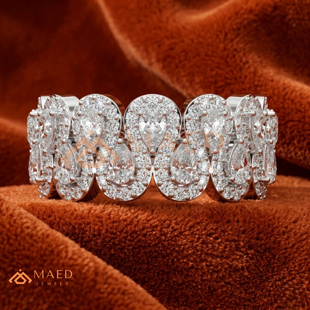 Pear-Cut Diamond Halo Eternity Band in 14K White Gold | Wide Statement Ring