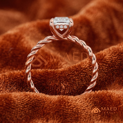 Classic Radiant Cut Twisted Cable Solitaire Ring in Silver, 14K Yellow Gold, or Rose Gold