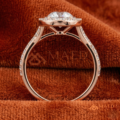 Round Halo Engagement Ring with Twisted Pavé Band – Sterling Silver, 14K Gold, or 14K Rose Gold