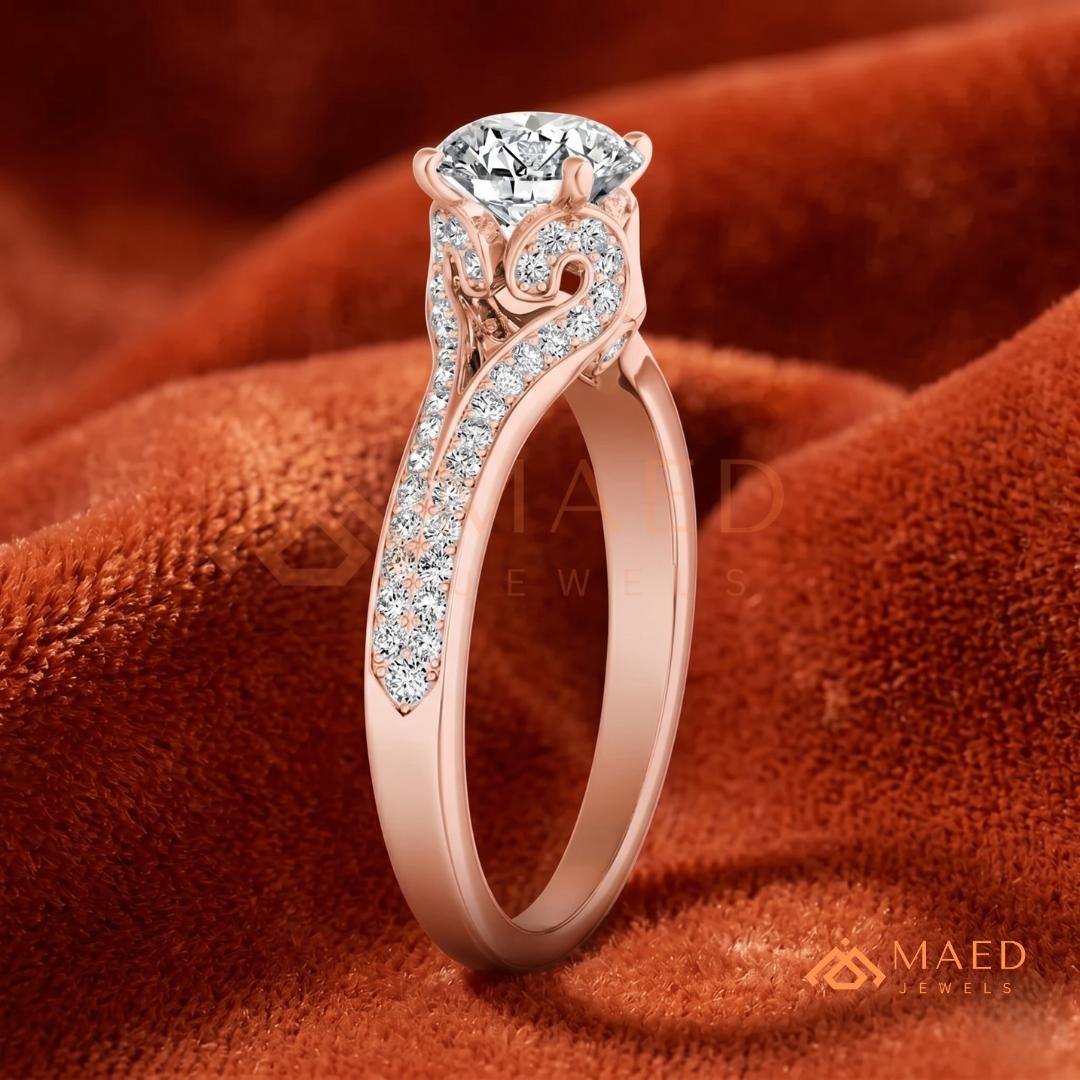 Round Brilliant Cut Split Shank Cathedral Engagement Ring in 14K Gold, Rose Gold & Silver | Vintage-Inspired Pave Accent Ring for Women