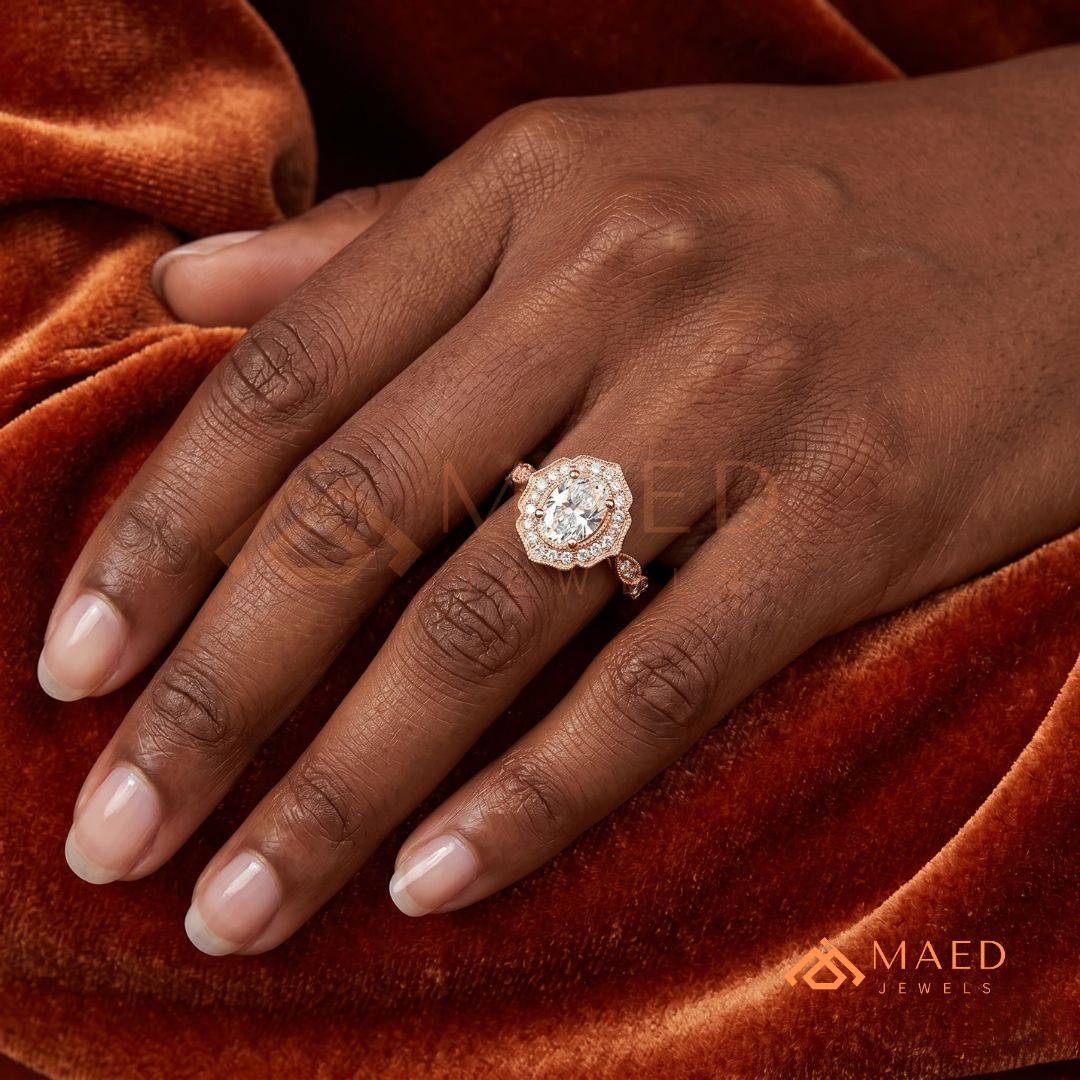 Vintage Oval Cut Art Deco Halo Engagement Ring | Milgrain Band in 14k Gold & Silver