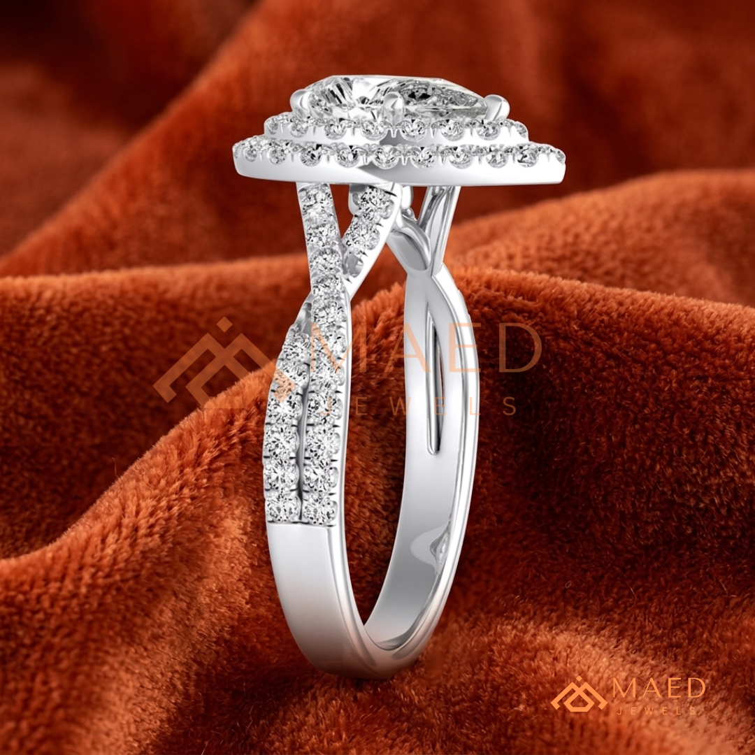 Pear Cut Halo Engagement Ring with Twisted Pavé Band – Sterling Silver, 14K Gold, or 14K Rose Gold