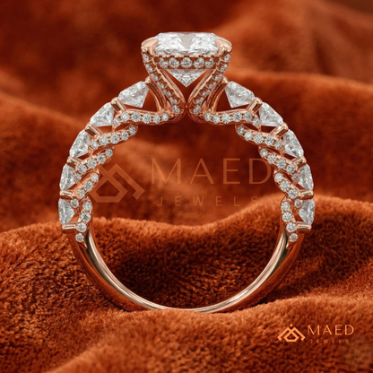 Elongated Oval Cut Engagement Ring with Oval Accent Band | 14k Gold, Rose Gold & Silver