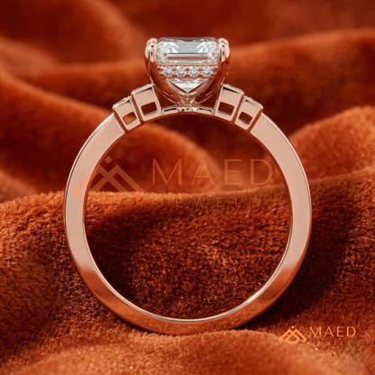 Emerald Cut Three-Stone Ring with Baguette and Channel Princess Band in Silver, 14K Gold, & 14K Rose Gold