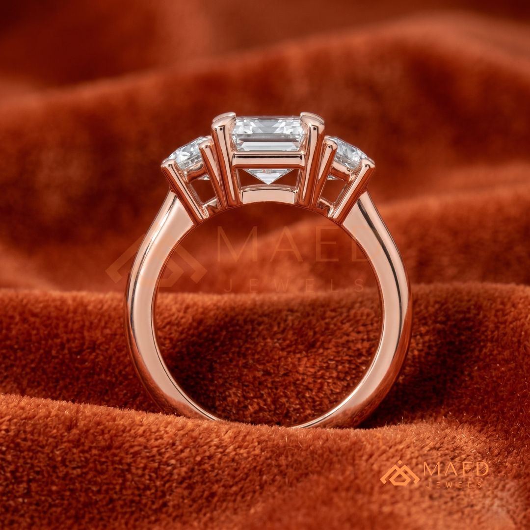 Emerald Cut Three Stone Engagement Ring | Half Moon Side Stones in 14K Gold & Silver