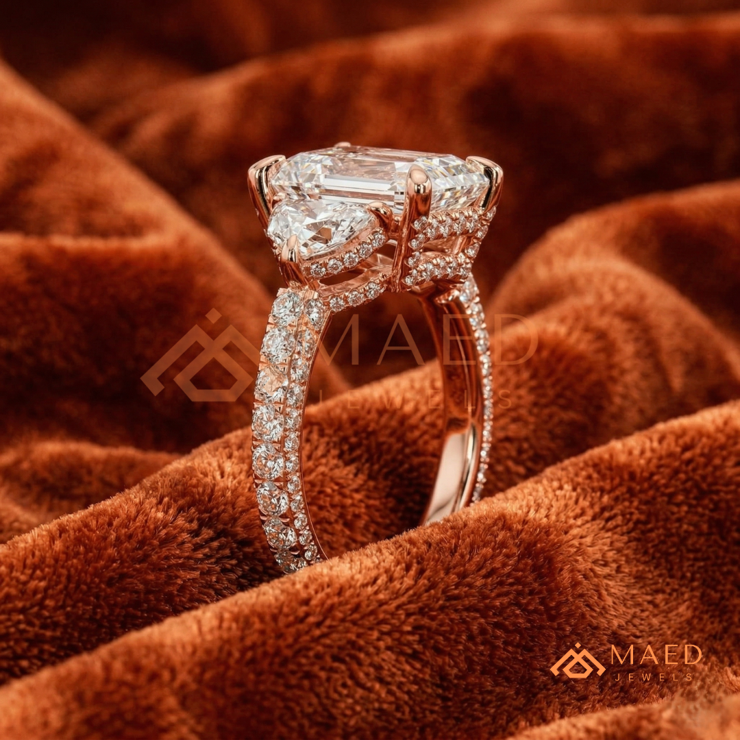 Classic Radiant Cut Three-Stone Engagement Ring with Half-Moon Side Stones in Silver, 14K Gold & Rose Gold
