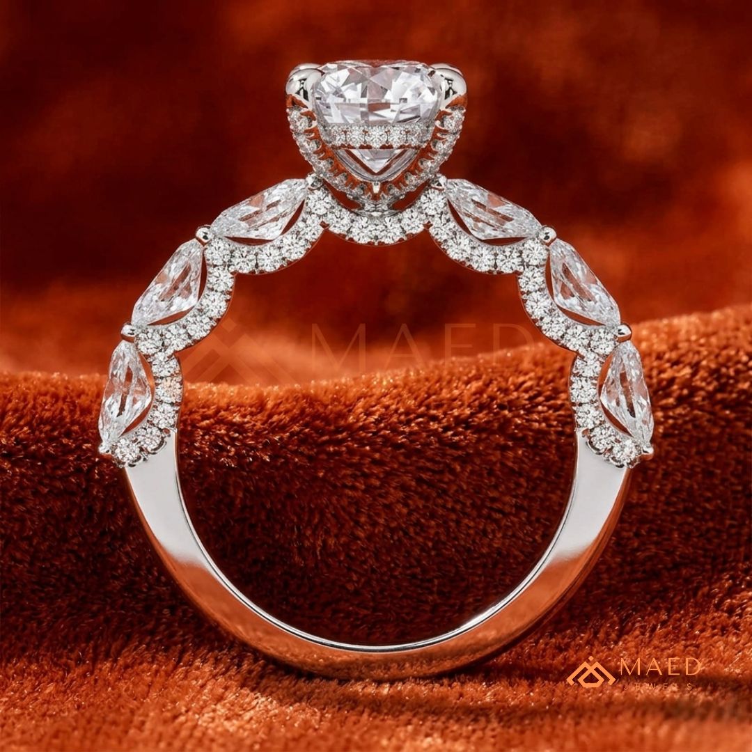 Oval Cut Engagement Ring with Large Round Accent Band | 14K Gold & Silver Shared Prong