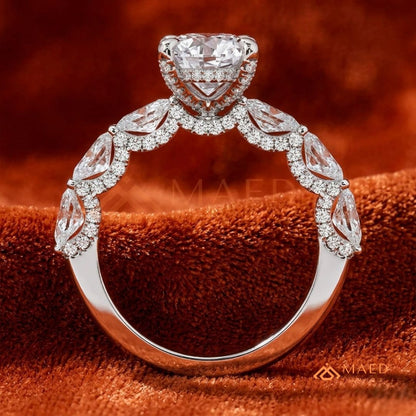 Oval Cut Engagement Ring with Large Round Accent Band | 14K Gold & Silver Shared Prong