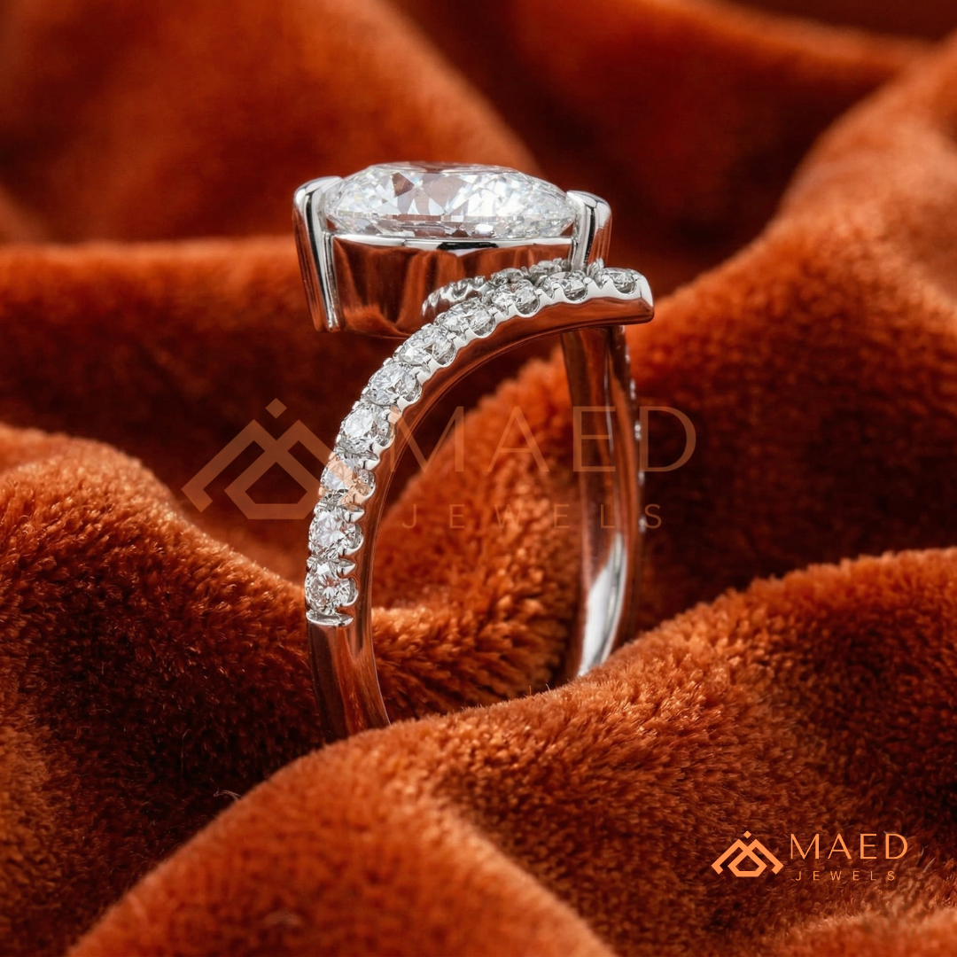 Pear Cut Chevron Engagement Ring with V-Shaped Pavé Band in Silver, 14K Gold, & 14K Rose Gold