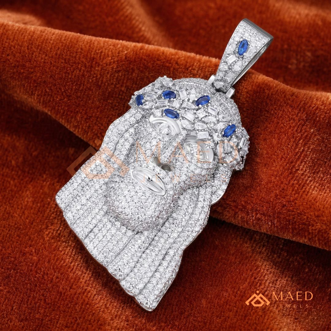 Iced Out Jesus Head Piece with Blue Sapphires | Silver, 14K Yellow & Rose Gold