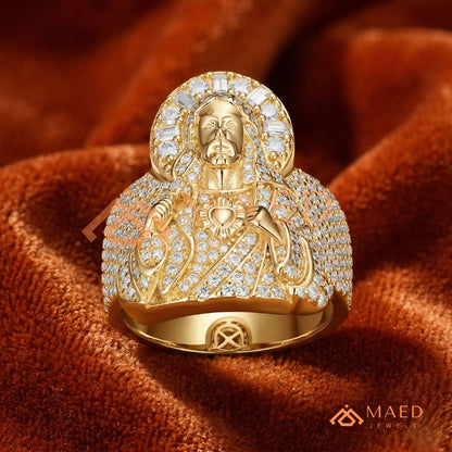 Men's Heavy Pave Crystal Jesus Portrait Ring in 925 Sterling Silver & 14K Gold Finish