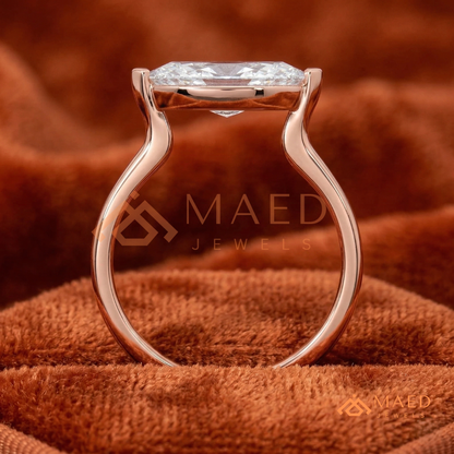 Horizontal Marquise Solitaire Ring with V-Prongs in Silver, 14K Yellow or Rose Gold
