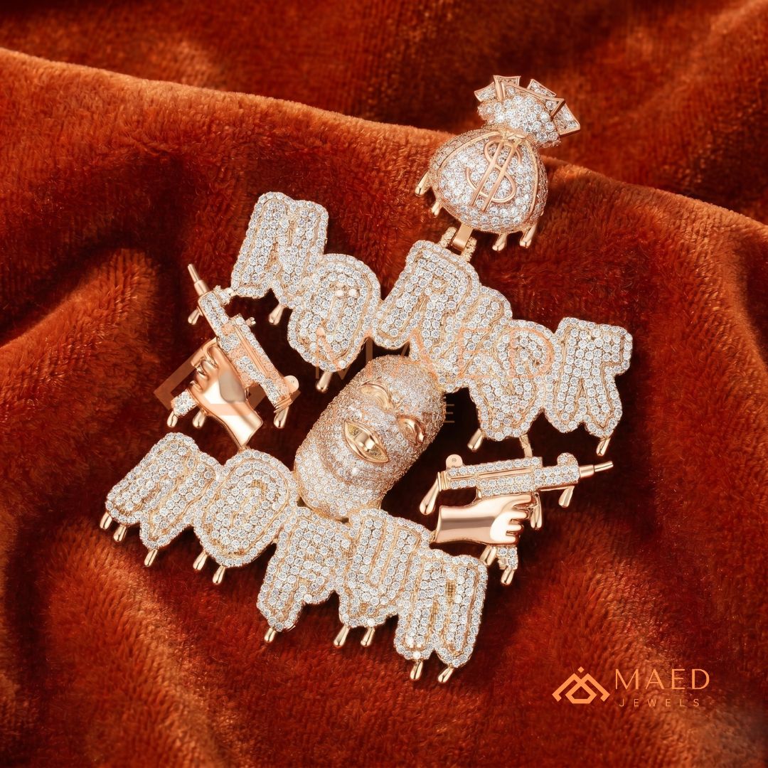 Iced Out "No Risk No Fun" Pendant - 14K Gold, Rose Gold & Silver Hip Hop Jewelry