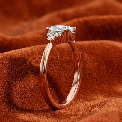 Oval Cut Engagement Ring with Round Cluster Side Stones | 14k Gold, Rose Gold & Silver