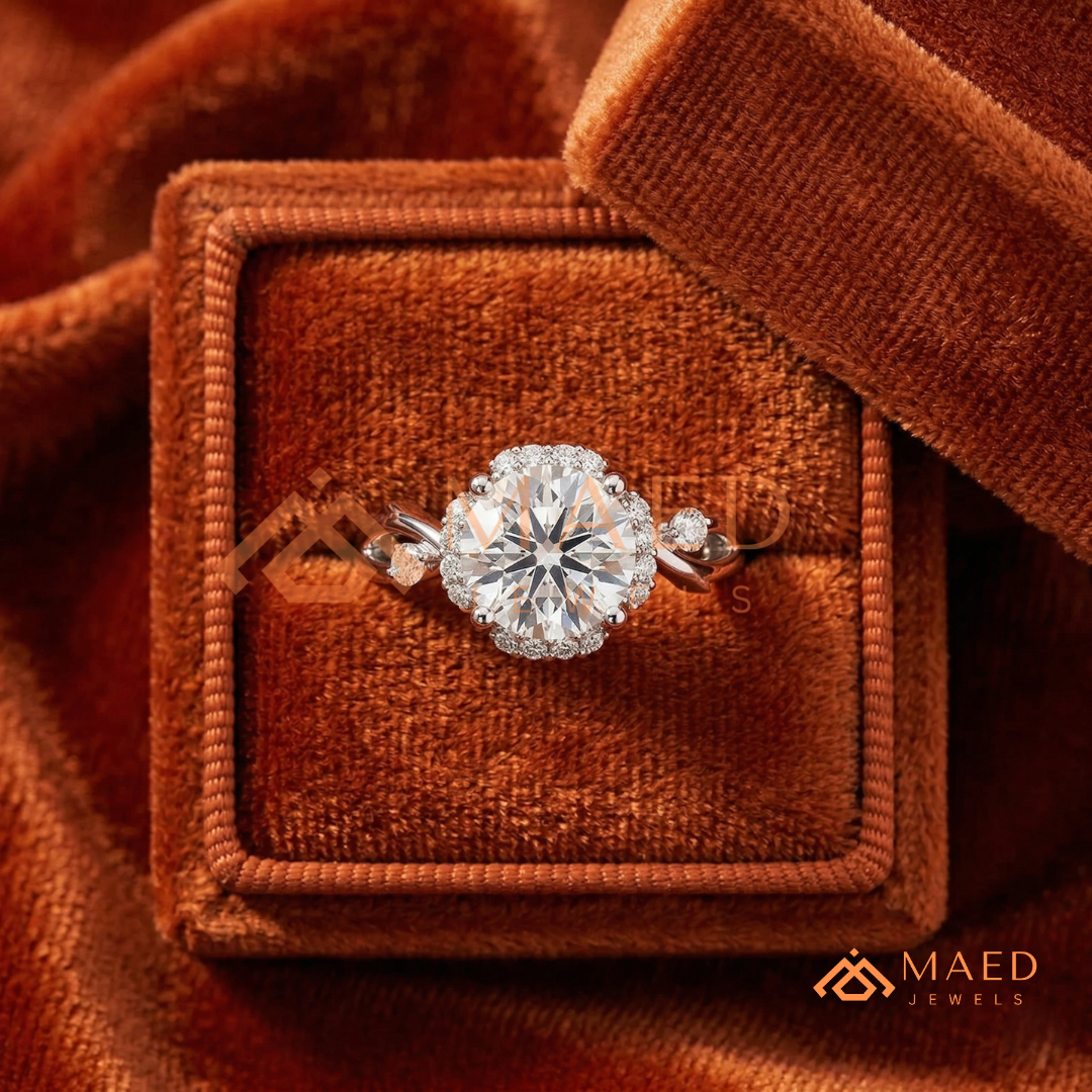 Round Cut Floral Halo Engagement Ring with Twisted Infinty Band in 14K Gold, Rose Gold & Silver
