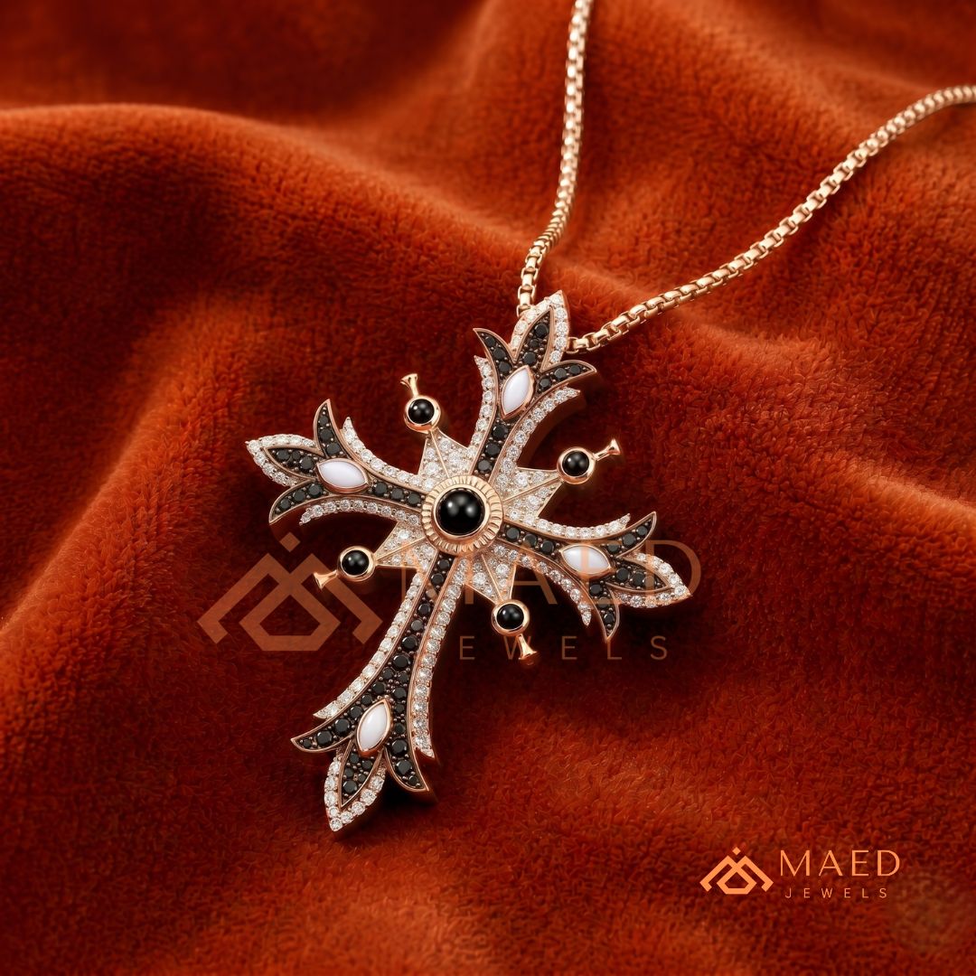 Heavy Black & White Diamond Cathedral Cross Charm – Vintage Goth Pendant