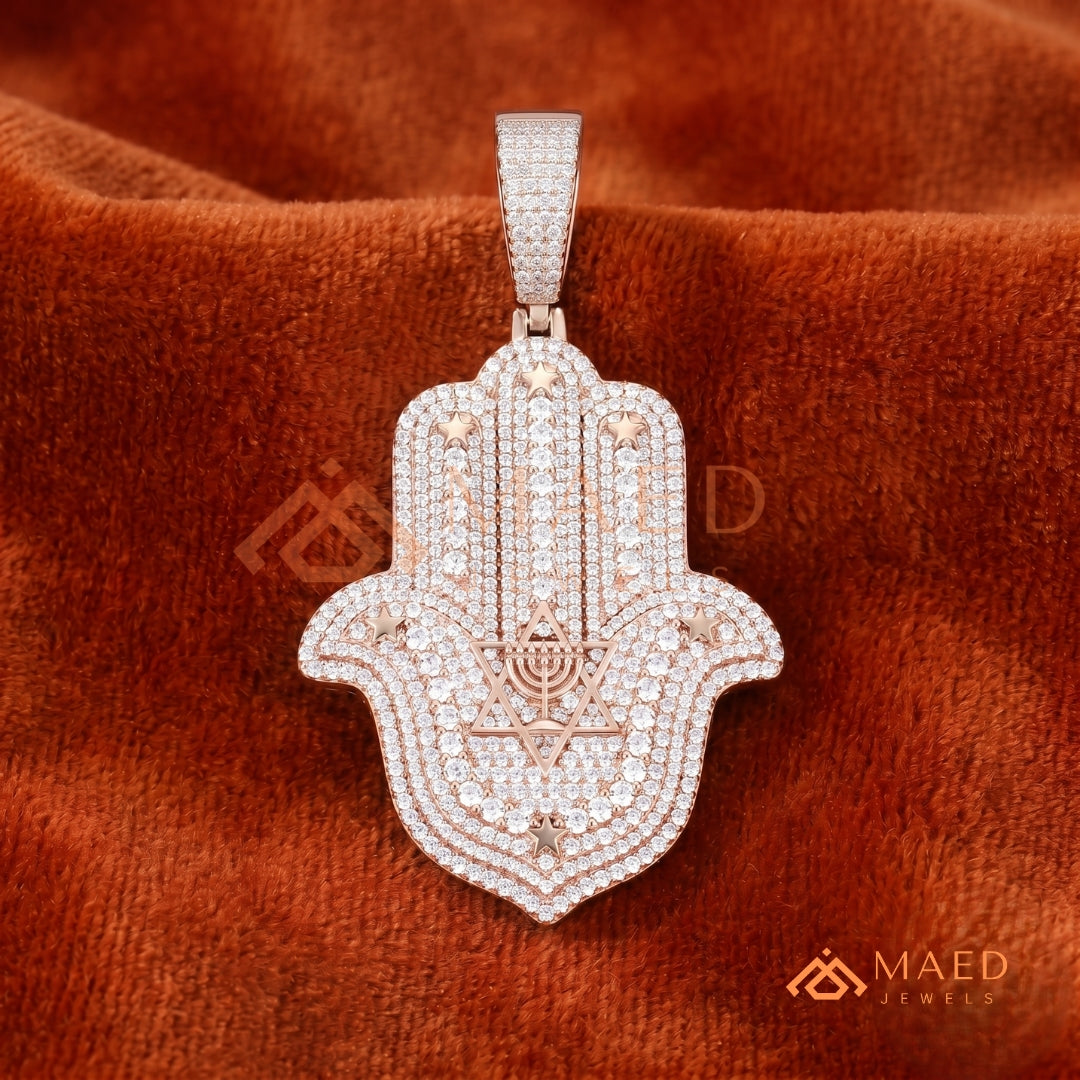 Iced Out Hamsa Hand Pendant Necklace | Sterling Silver, 14K Gold & Rose Gold