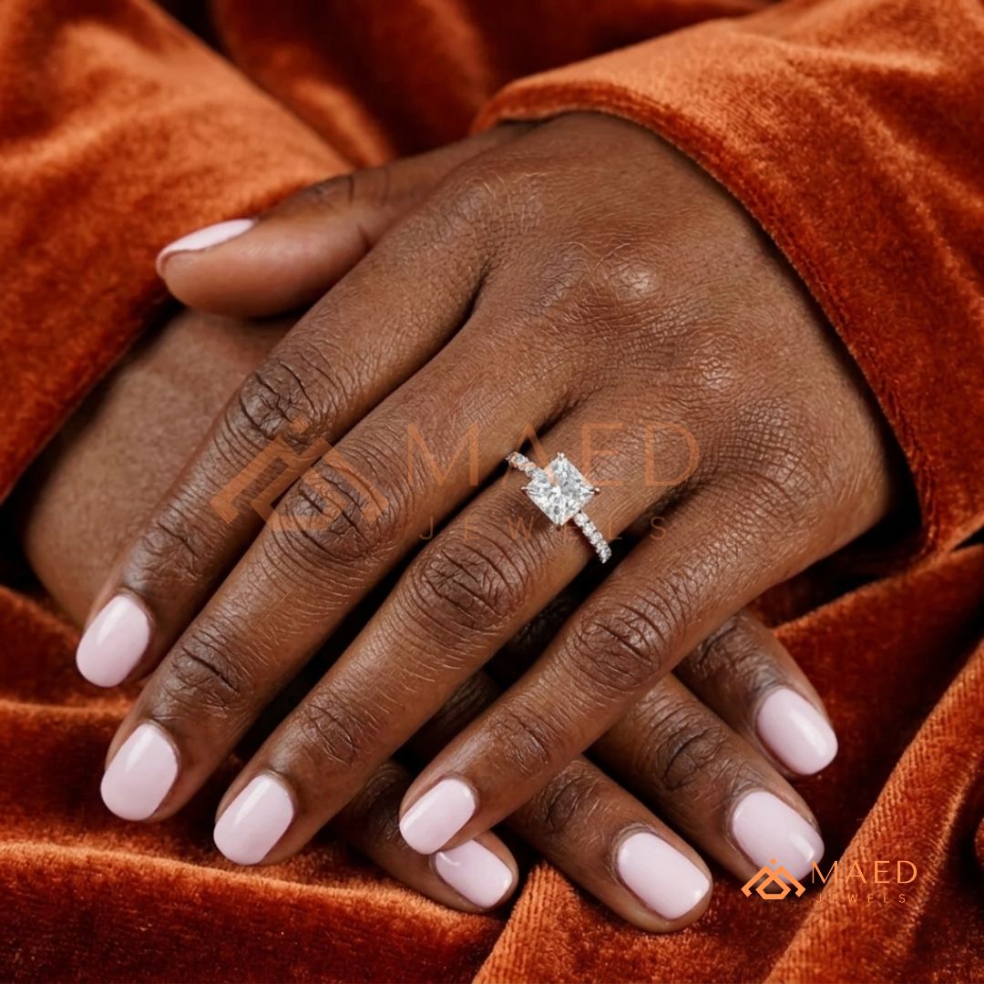 Classic Princess Cut Solitaire Engagement Ring with Hidden Halo and Pave Band in Silver, 14K Gold & Rose Gold