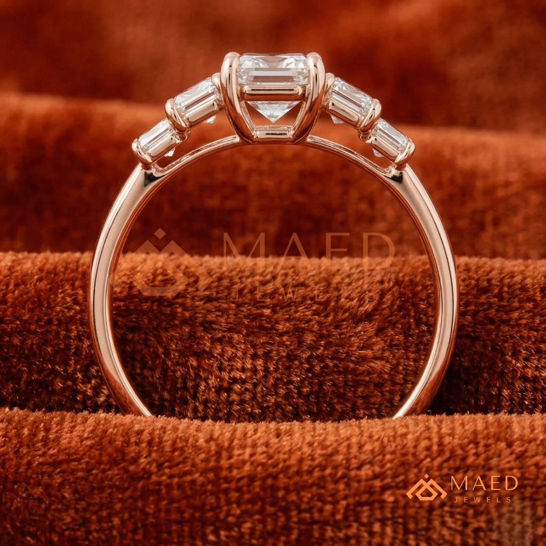 Five-Stone Emerald Cut Diamond Simulant Ring (14k White, Yellow, Rose Gold & Sterling Silver)