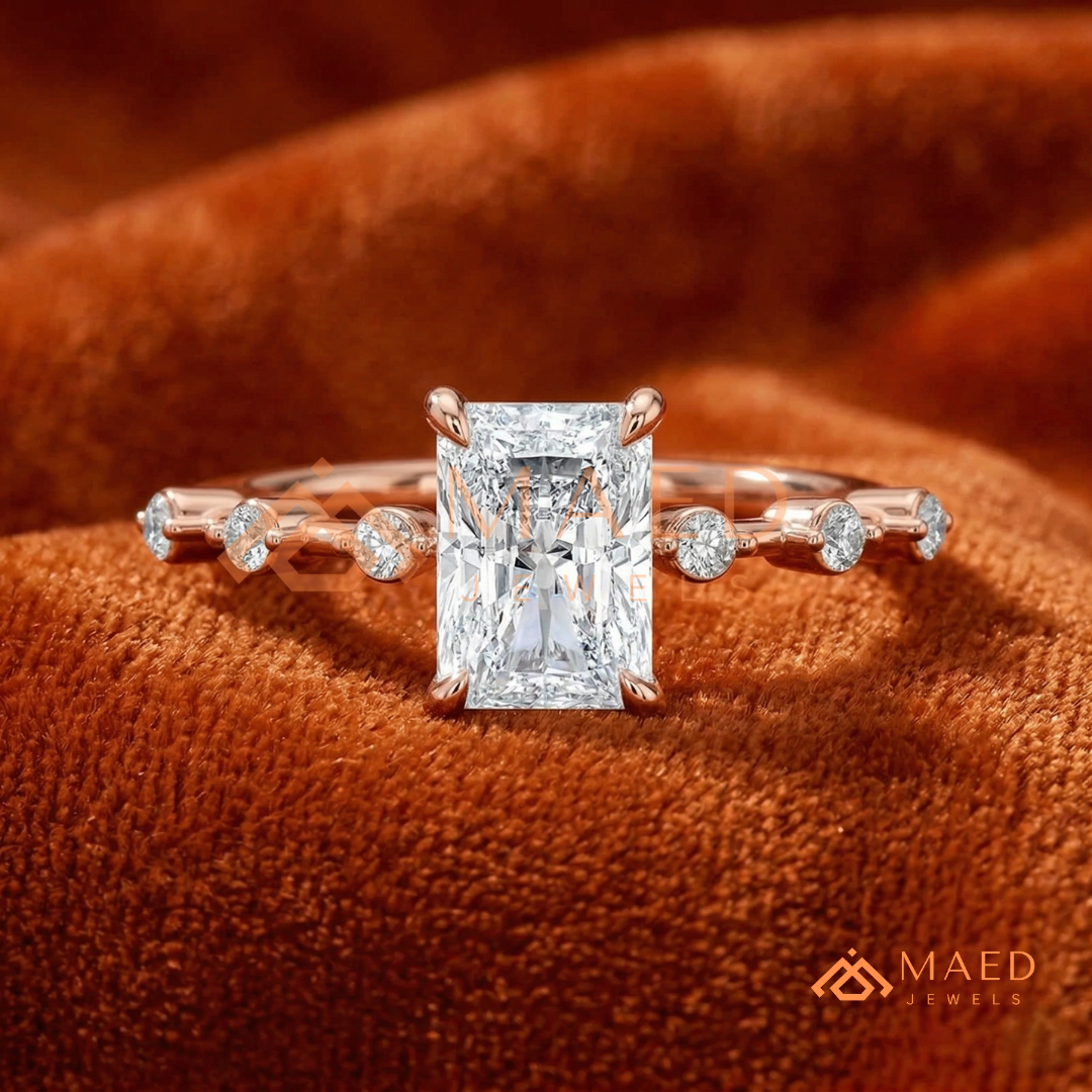 Radiant Cut Moissanite Engagement Ring in Sterling Silver, 14K Gold & Rose Gold | Art Deco Bezel-Set Accent Band