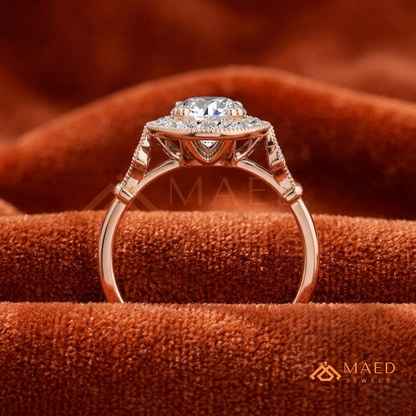 Vintage-Inspired Round Halo Engagement Ring with Milgrain Detail in 14K Gold, Rose Gold or Silver