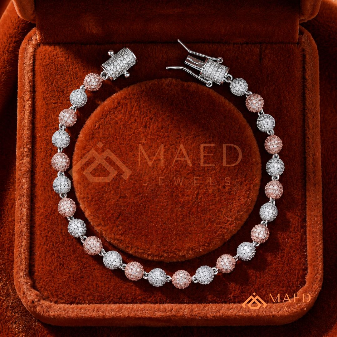 Iced-Out Pavé Ball Tennis Bracelet – 925 Silver, Gold & Rose Gold
