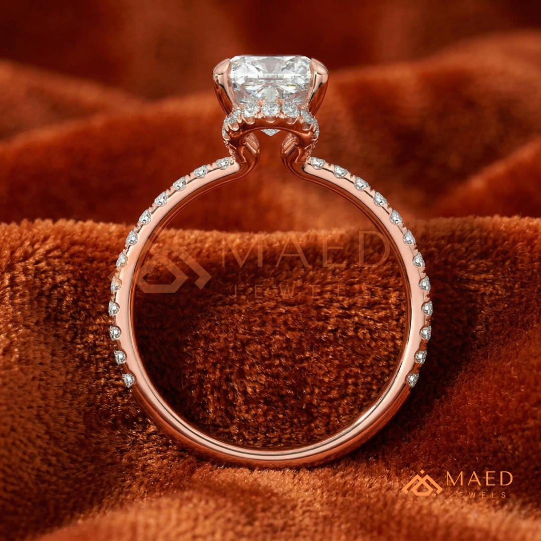 Brilliant Cushion Cut Engagement Ring | Pavé Diamond Band in 14K Gold, Rose Gold & Sterling Silver