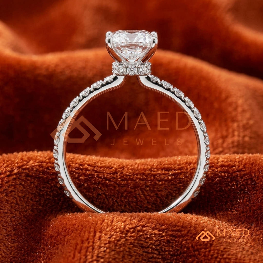 Princess Cut Engagement Ring with Pavé Band in Silver, 14K Gold, & 14K Rose Gold