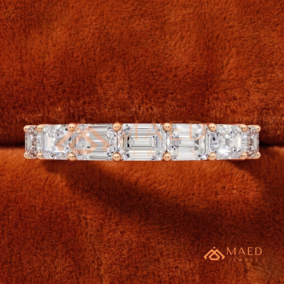 7-Stone Emerald Cut Diamond Wedding Band in Silver, 14K Yellow & Rose Gold
