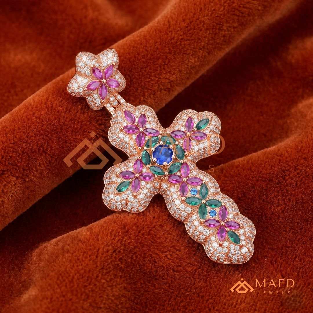 Iced Out Baroque Cross Statement Pendant with Pink & Green Stones
