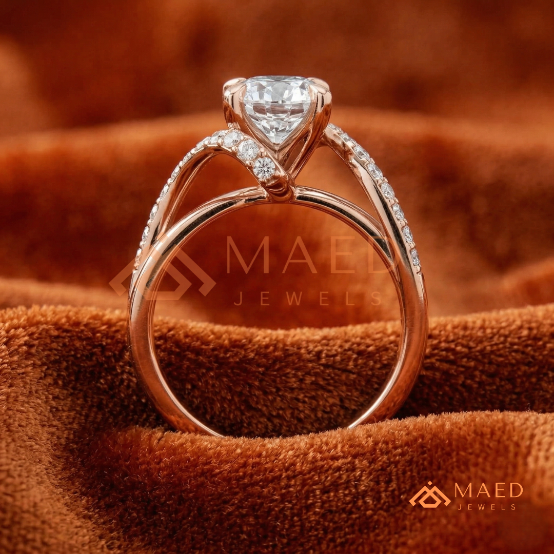 Round Cut Diamond Bypass Engagement Ring in Sterling Silver, 14K Gold & Rose Gold
