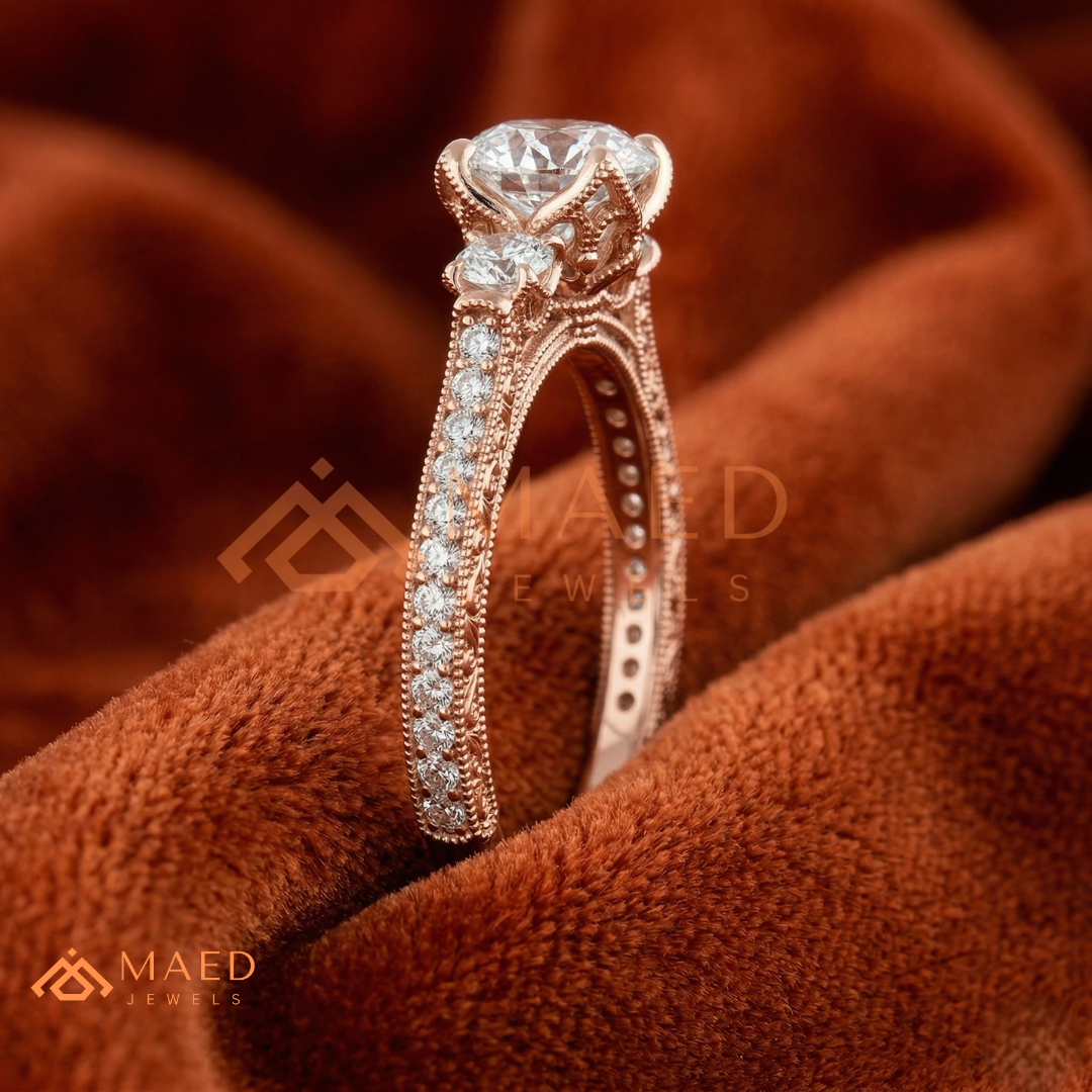 Vintage 3-Stone Round Engagement Ring in 14K Gold, Rose Gold & Silver | Antique Milgrain Pave Moissanite Ring for Women