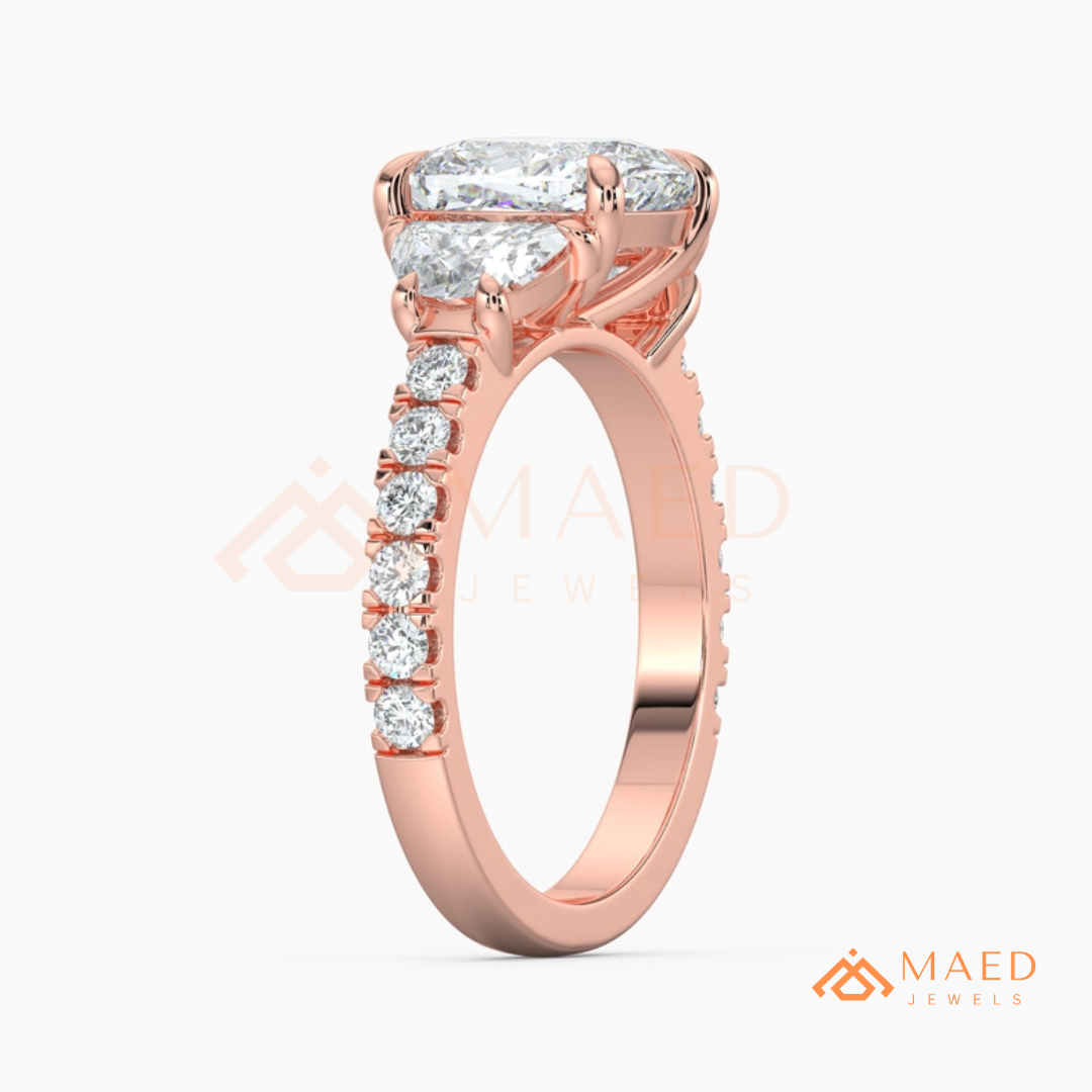 Classic Cushion Cut Three-Stone Engagement Ring with Half-Moon Side Stones in Silver, 14K Gold & Rose Gold