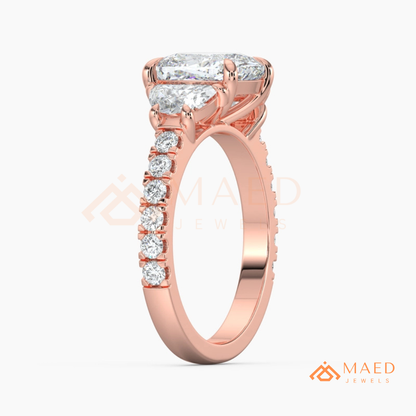 Classic Cushion Cut Three-Stone Engagement Ring with Half-Moon Side Stones in Silver, 14K Gold & Rose Gold