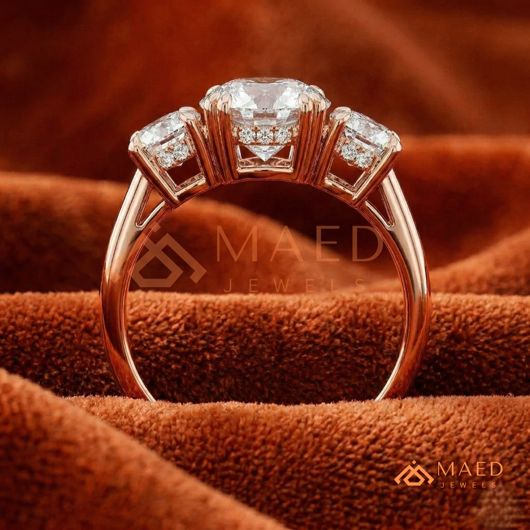 Three-Stone Round Cut Engagement Ring | Classic Trilogy Setting in 14K Gold, Rose Gold & Silver