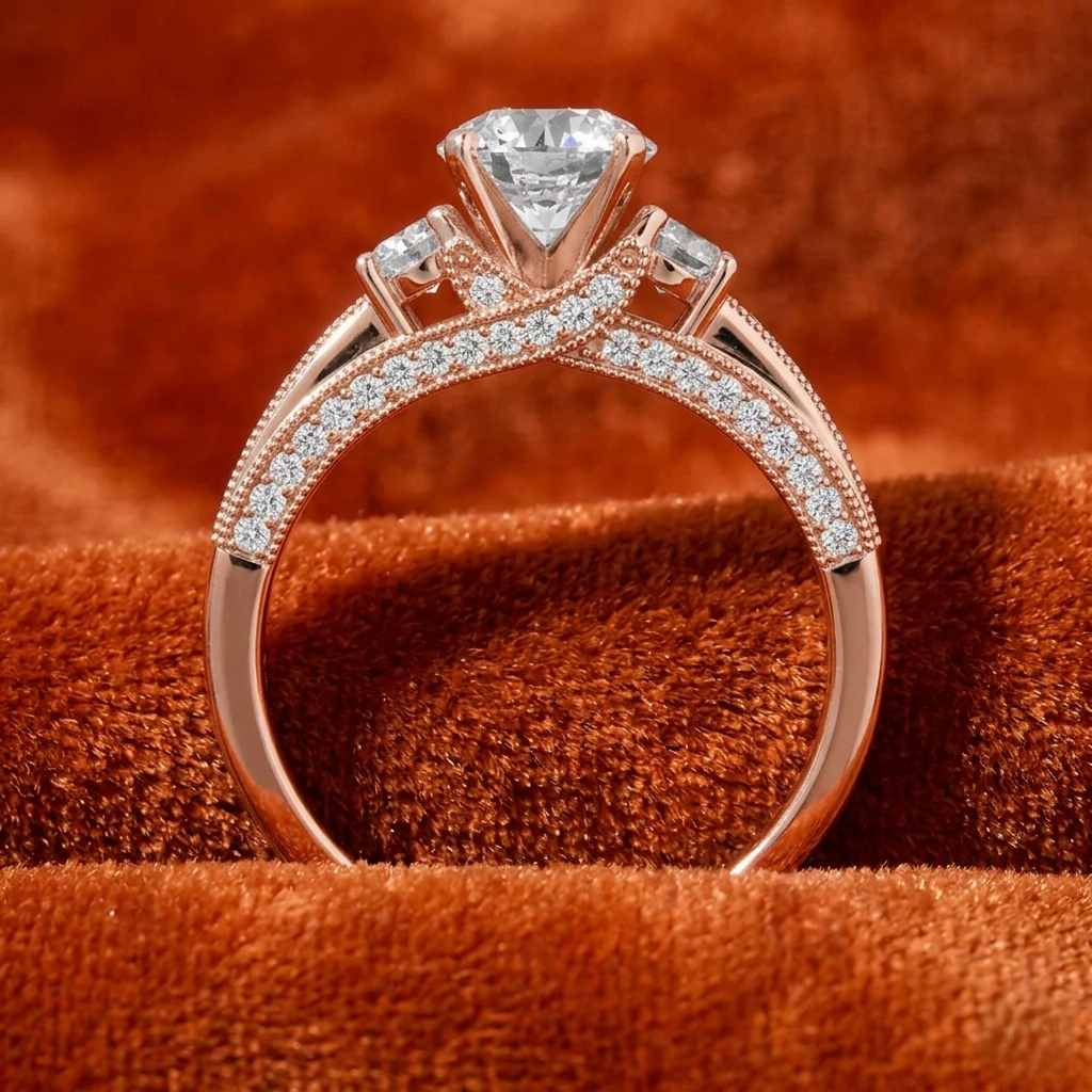 Round-Cut Three-Stone Engagement Ring with Milgrain Channel-Set Band