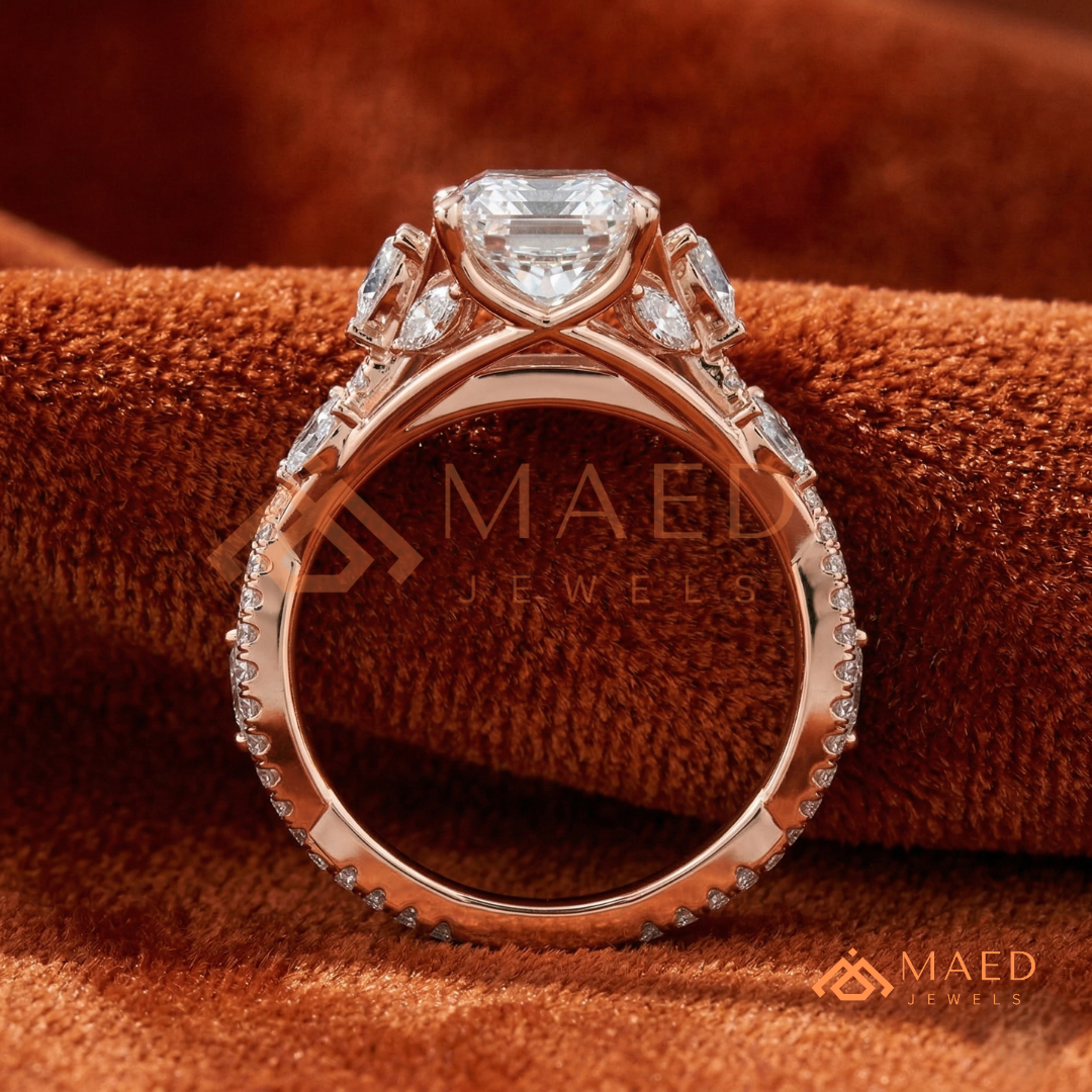 Radiant Cut Engagement Ring with Marquise Cluster Band in Silver, 14K Gold, & 14K Rose Gold