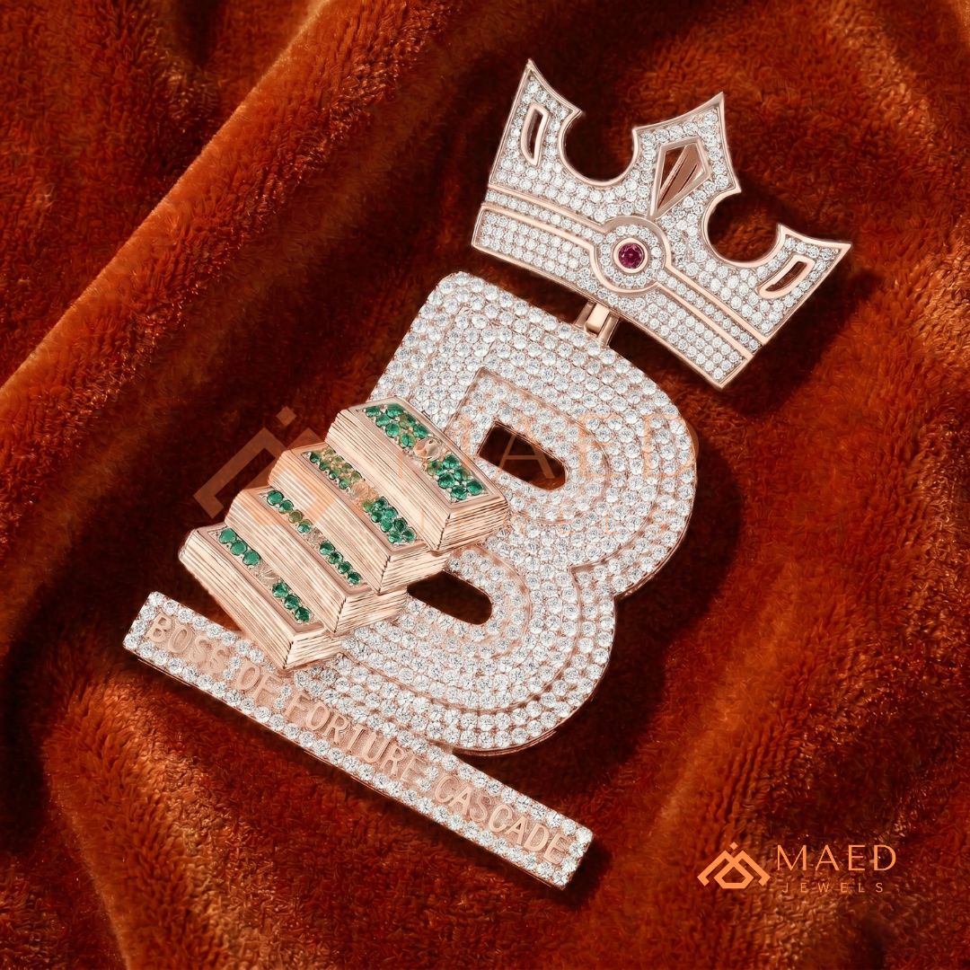 Custom Crown Initial "B" Money Stack Pendant in Sterling Silver & 14K Gold
