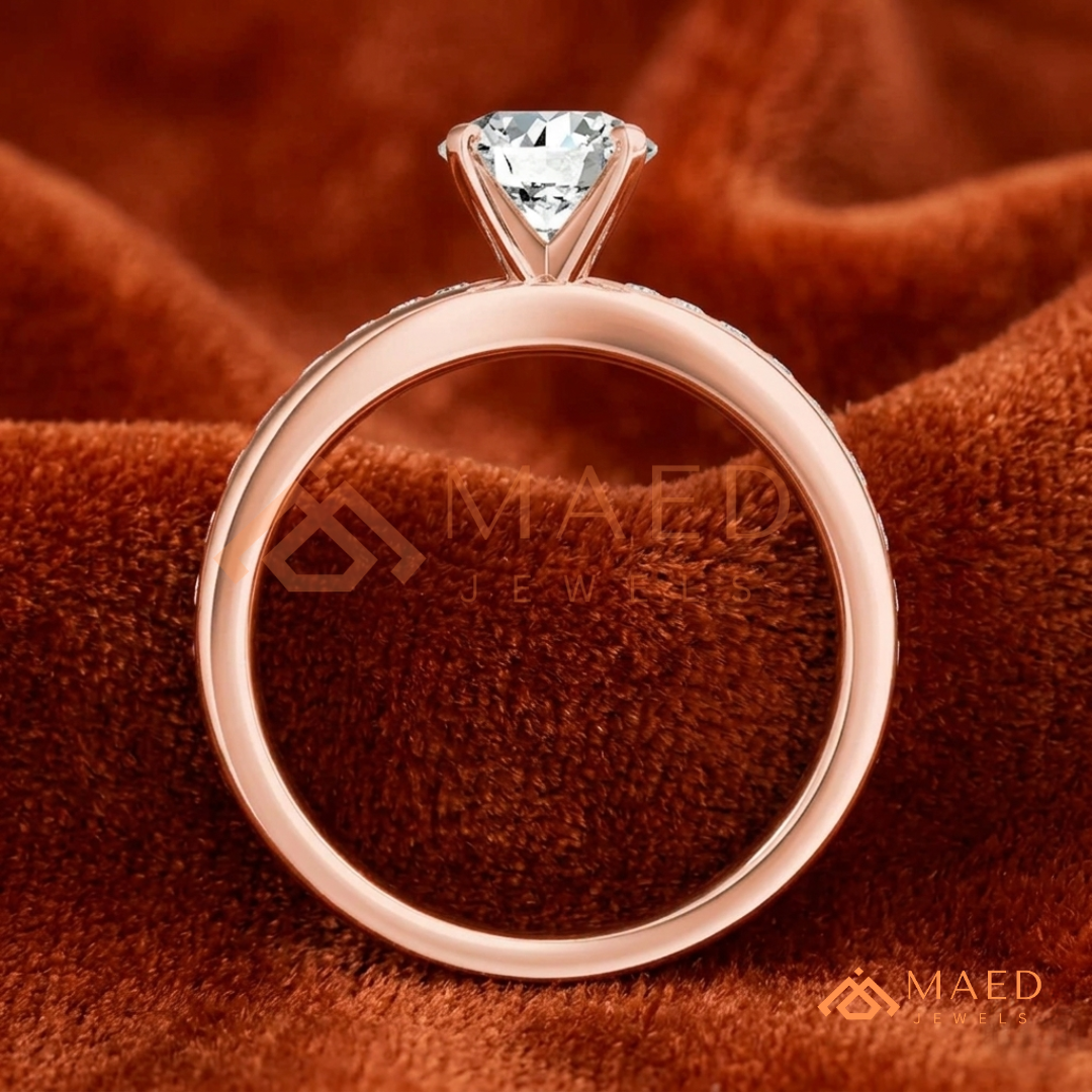 Round Brilliant Solitaire Engagement Ring with Channel Set Band – Sterling Silver, 14K Gold, or 14K Rose Gold