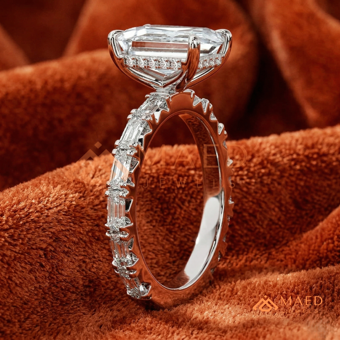 Classic Emerald Cut Solitaire Ring with Emerald Band Eternity Shank