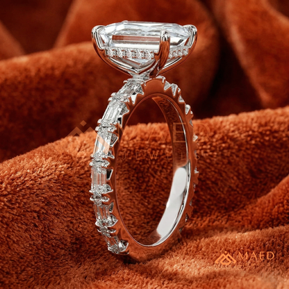 Classic Emerald Cut Solitaire Ring with Emerald Band Eternity Shank