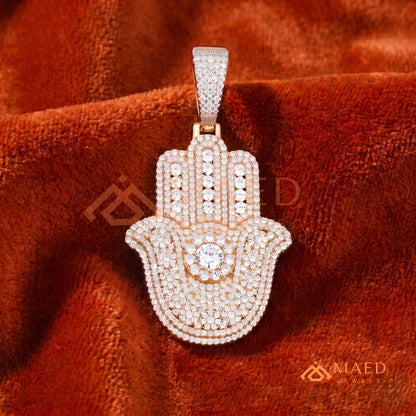 Iced-Out Hamsa Hand Pendant – Micro-Pave Diamond Finish in Silver, 14k Gold, 14k Rose Gold