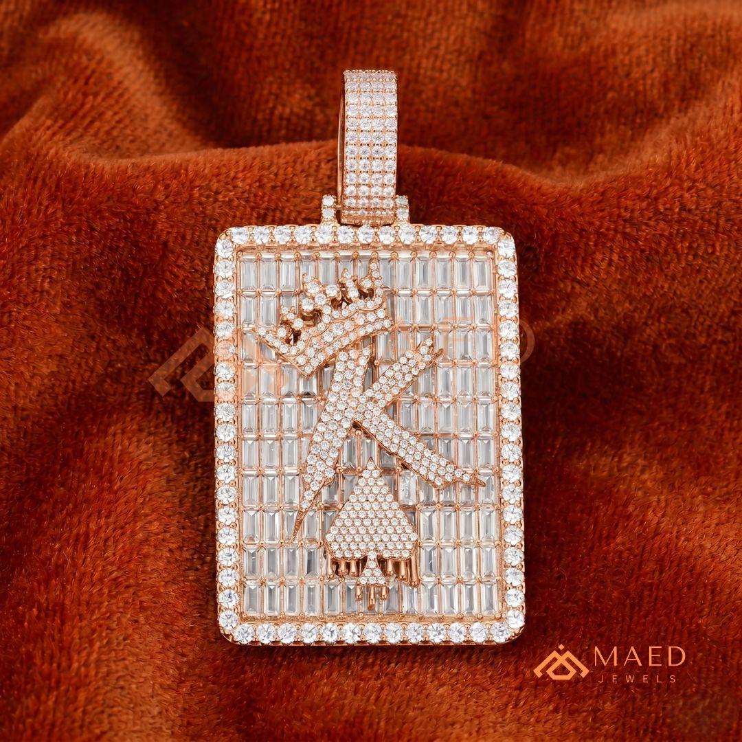 Custom King Spade Tag Pendant with Baguette & Round Cut Diamonds