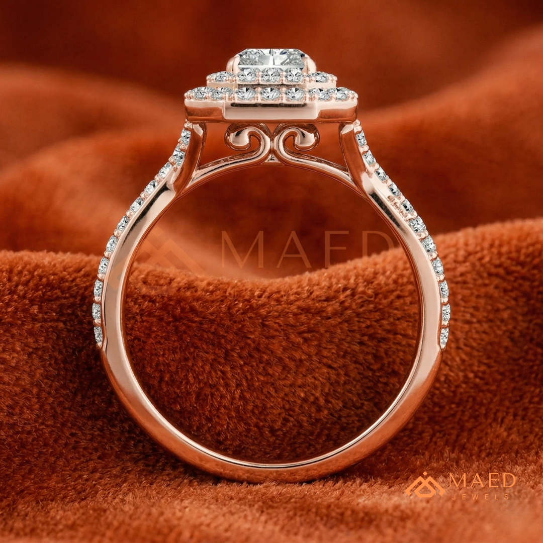 Radiant Cut Double Halo Engagement Ring with Twisted Band | 14k White Gold 14k Rose Gold,14K GOLD