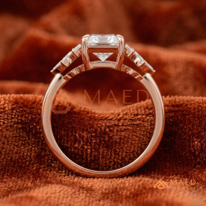 Radiant Cut Engagement Ring with Marquise Diamond Lotus Cluster in 14K Gold, Rose Gold & Silver