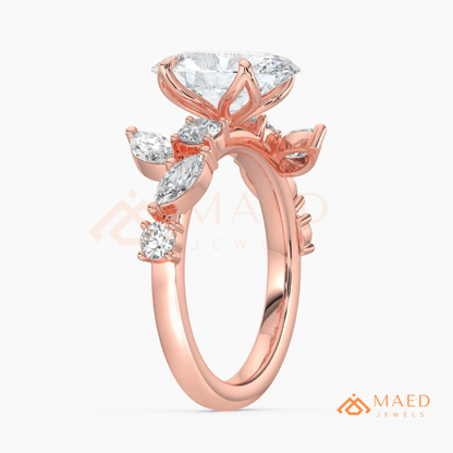 Asymmetric Oval Cut Cluster Engagement Ring | Marquise Leaf Vine Band